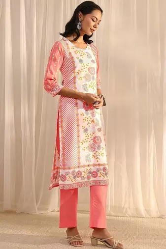 libas peach floral printed straight suit set with dupatta