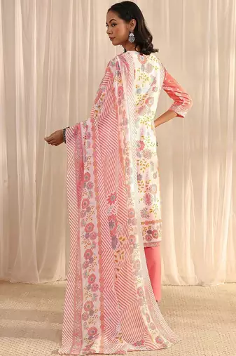 libas peach floral printed straight suit set with dupatta