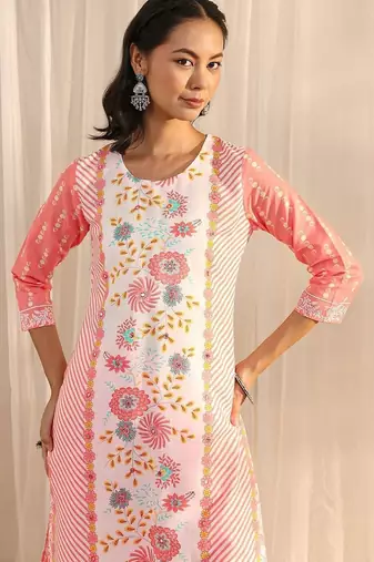 libas peach floral printed straight suit set with dupatta