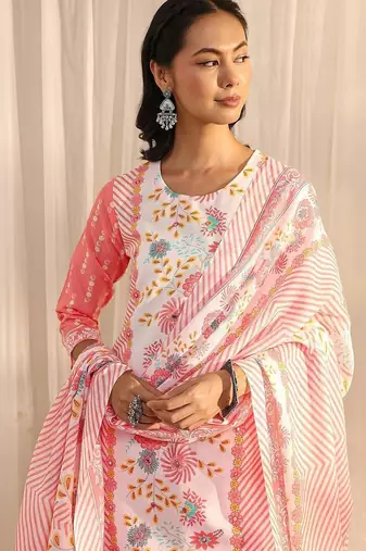 libas peach floral printed straight suit set with dupatta