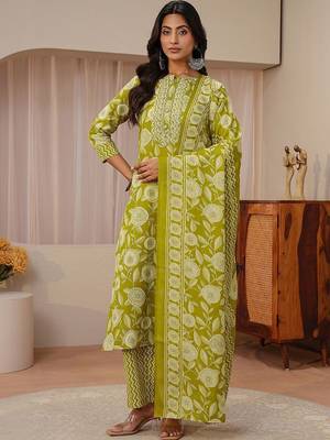 libas green floral printed straight suit set 1