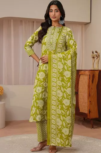 libas green floral printed straight suit set