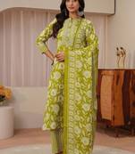 libas green floral printed straight suit set