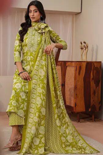 libas green floral printed straight suit set