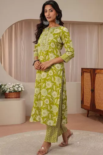 libas green floral printed straight suit set