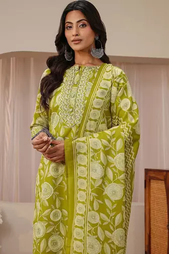 libas green floral printed straight suit set