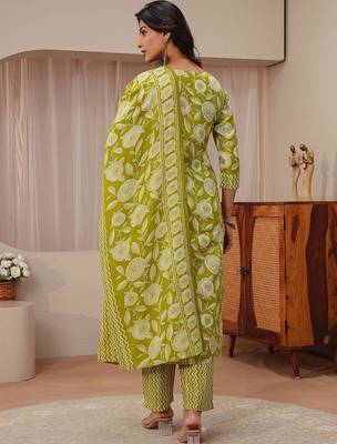 libas green floral printed straight suit set 6