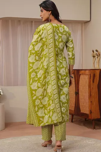 libas green floral printed straight suit set