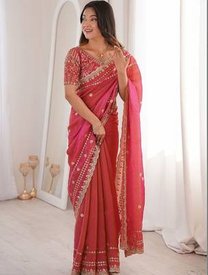 Pink embellished embroidered satin designer saree 1