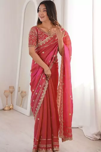 Pink embellished embroidered satin designer saree