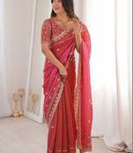 Pink embellished embroidered satin designer saree
