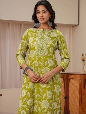 libas green floral printed straight suit set 7