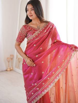 Pink embellished embroidered satin designer saree 2