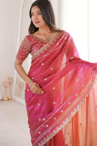 Pink embellished embroidered satin designer saree