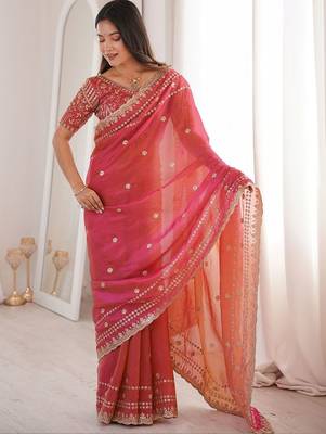 Pink embellished embroidered satin designer saree 3