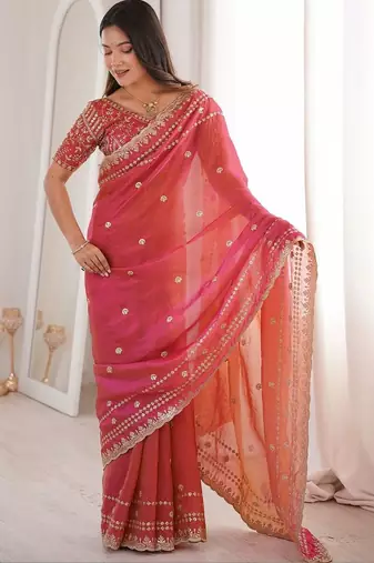 Pink embellished embroidered satin designer saree