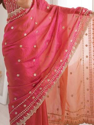 Pink embellished embroidered satin designer saree 5