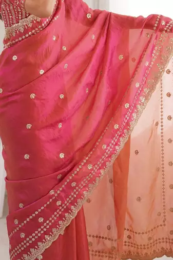 Pink embellished embroidered satin designer saree