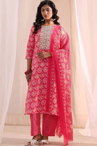women ethnic motifs printed regular thread work kurta with trousers & with dupatta