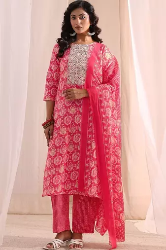 women ethnic motifs printed regular thread work kurta with trousers & with dupatta