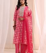 women ethnic motifs printed regular thread work kurta with trousers & with dupatta