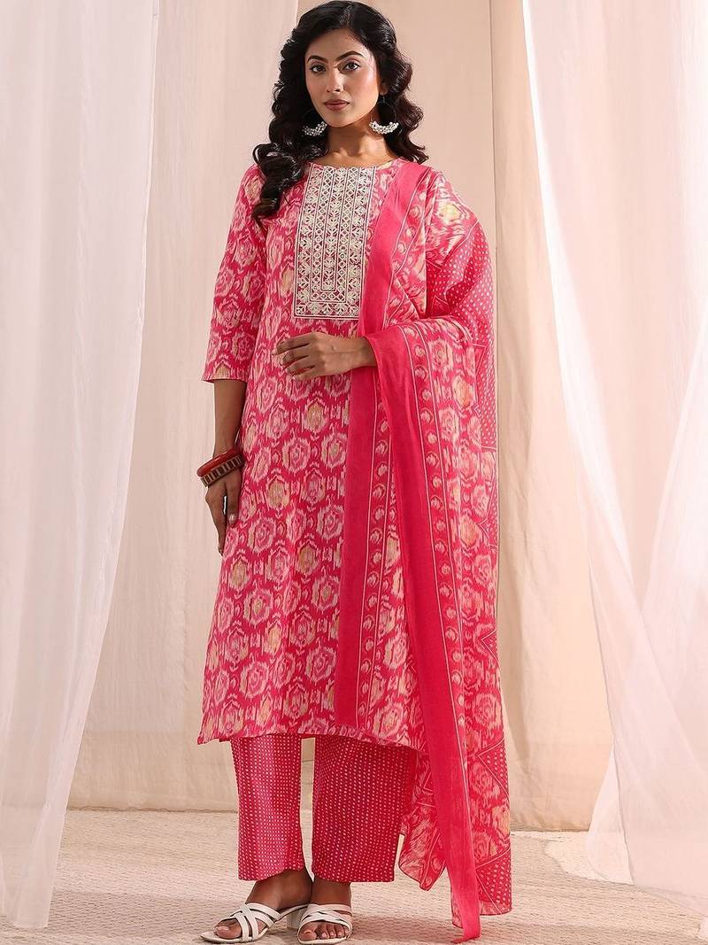 women ethnic motifs printed regular thread work kurta with trousers & with dupatta