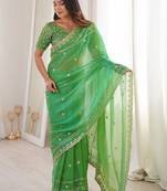 Green embellished embroidered satin designer saree