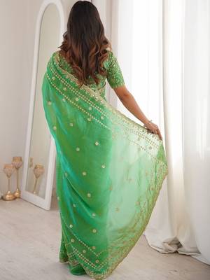 Green embellished embroidered satin designer saree 2