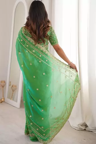 Green embellished embroidered satin designer saree