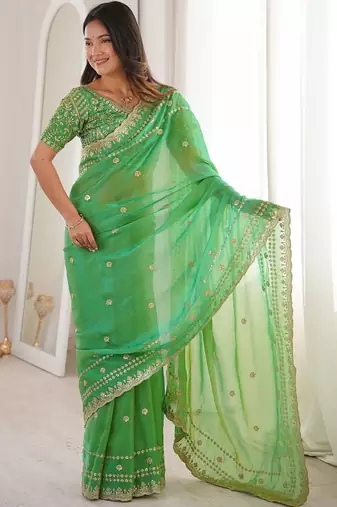 Green embellished embroidered satin designer saree