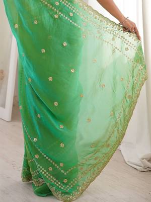 Green embellished embroidered satin designer saree 5