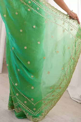 Green embellished embroidered satin designer saree