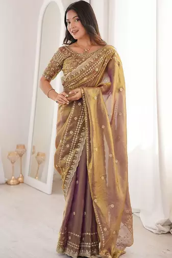 Gold embellished embroidered satin designer saree