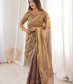 Gold embellished embroidered satin designer saree