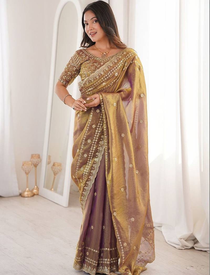 Gold embellished embroidered satin designer saree