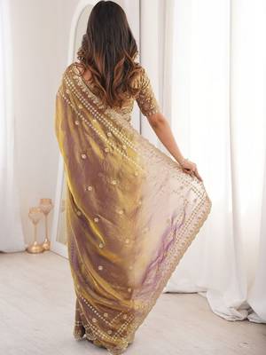 Gold embellished embroidered satin designer saree 2