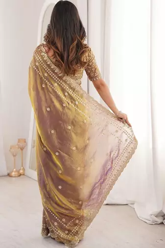 Gold embellished embroidered satin designer saree
