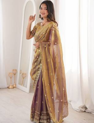 Gold embellished embroidered satin designer saree 3