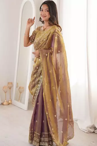 Gold embellished embroidered satin designer saree