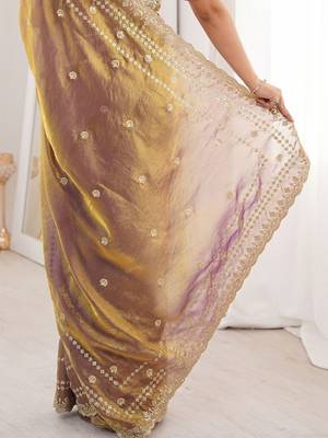 Gold embellished embroidered satin designer saree 5