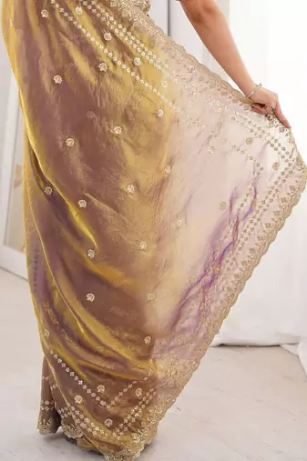 Gold embellished embroidered satin designer saree