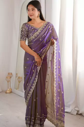 Purple embellished zari satin designer saree