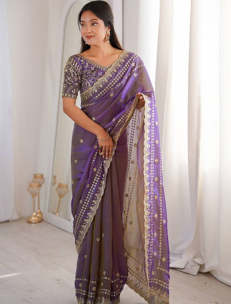 Purple embellished zari satin designer saree