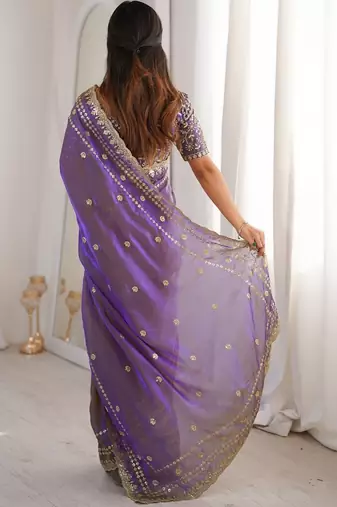 Purple embellished zari satin designer saree