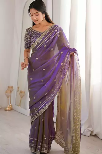 Purple embellished zari satin designer saree