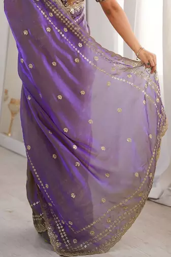 Purple embellished zari satin designer saree