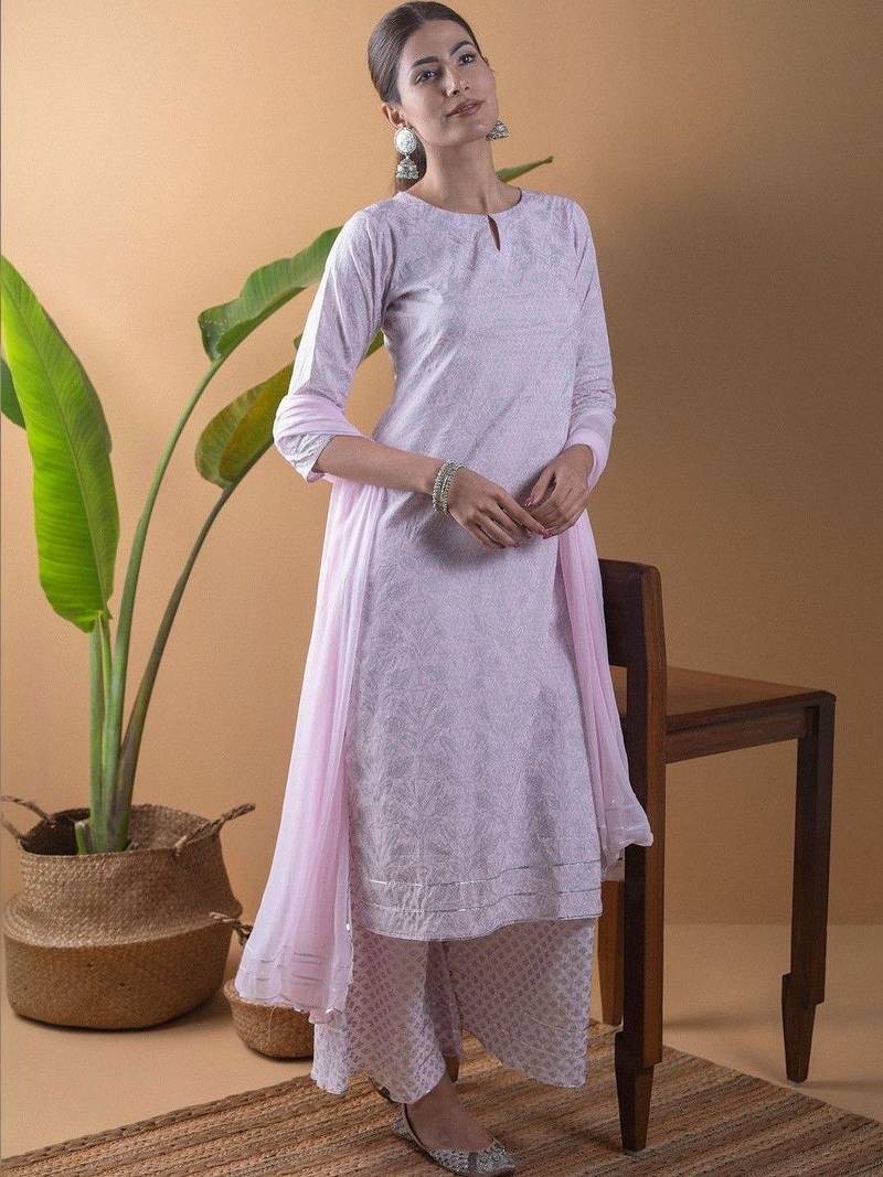 women ethnic motifs printed regular kurta with palazzos & with dupatta