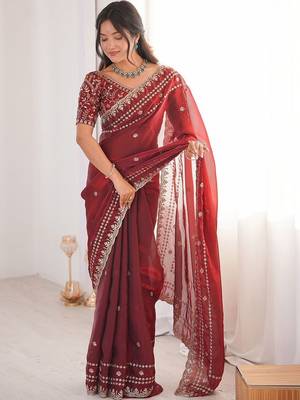 Maroon embellished embroidered satin designer saree 1