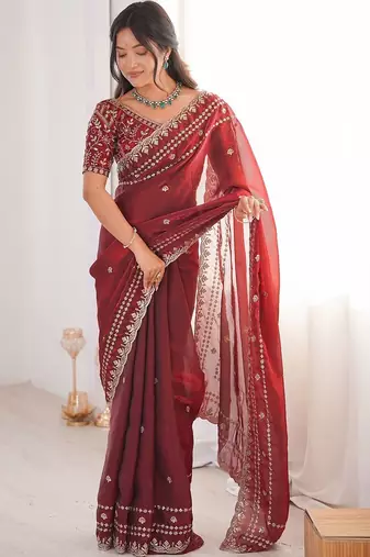 Maroon embellished embroidered satin designer saree