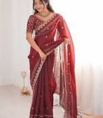 Maroon embellished embroidered satin designer saree